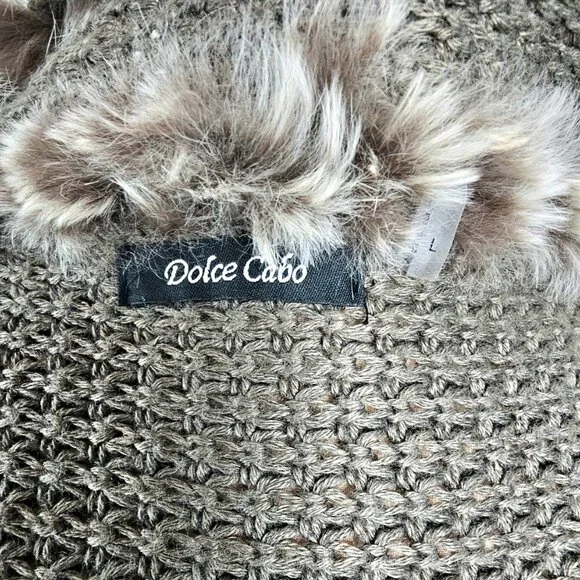Dolce Cabo | Rabbit Fur Trim Open Knit Wrap Cardigan | Sage | Size L - Picture 11 of 12